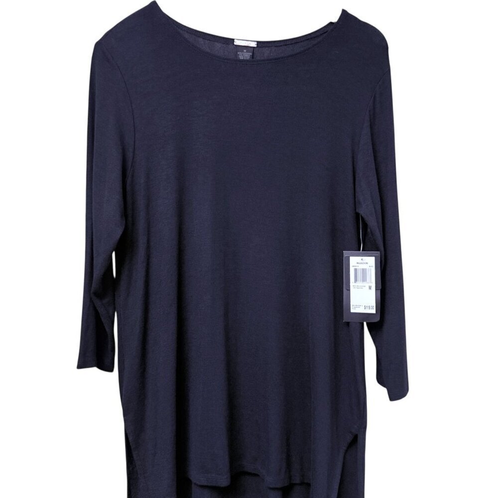 Magaschoni Black Tunic Tee Medium Soft Ribbed Micro Modal Long Sleeve Hi Low NWT